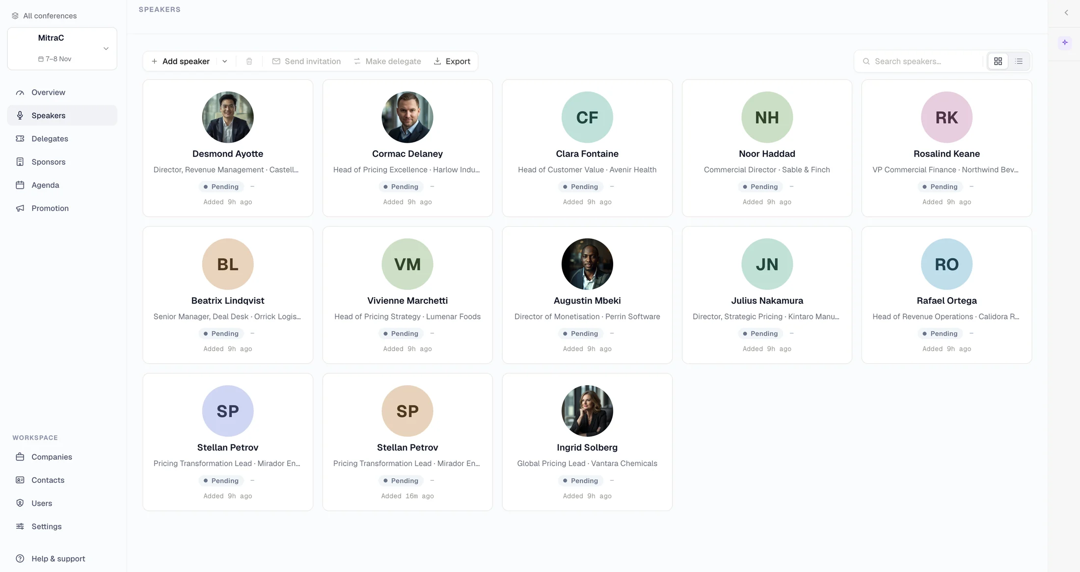 The MITRA speaker list, showing each speaker's invitation status and role